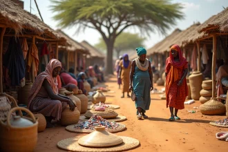 Marché local animé à Koriom au Soudan du Sud avec des femmes en tenues traditionnelles colorées vendant des artisanats