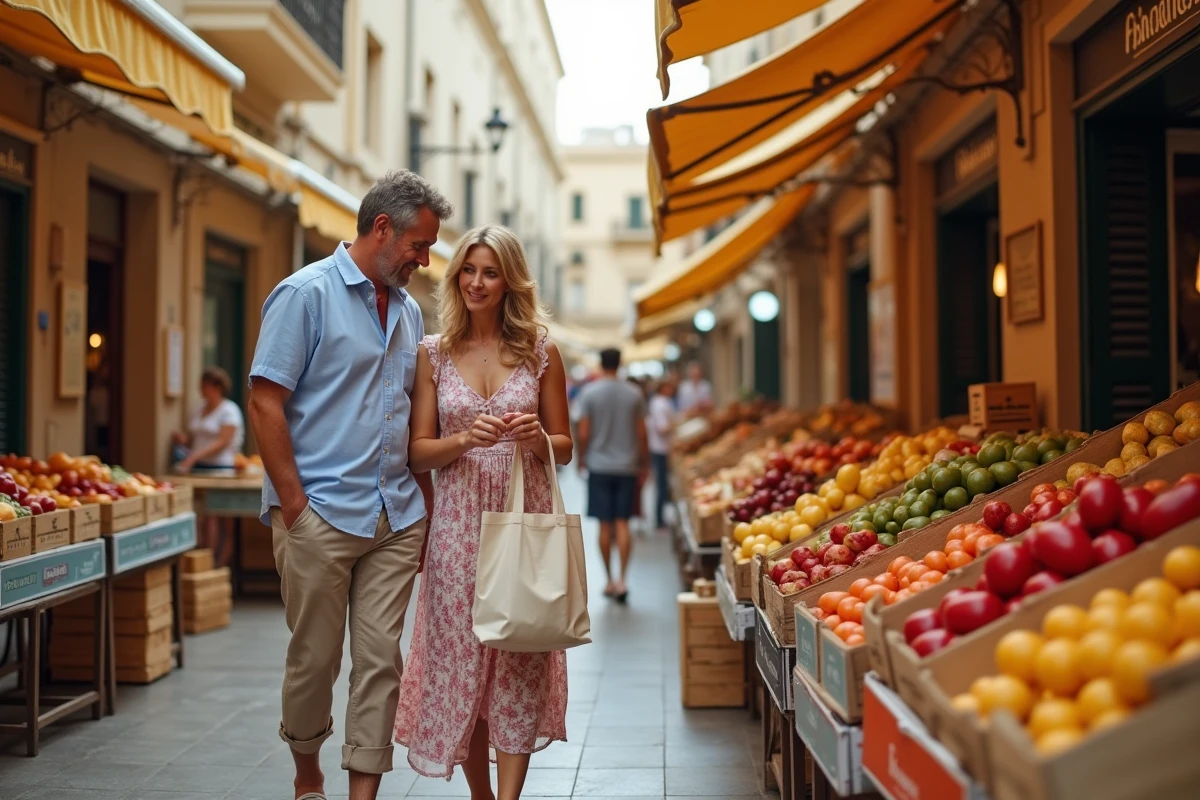 Couple faisant leurs courses au marché local de La Valette, Malte, découvrant les produits frais et artisanaux pour maîtriser leur budget voyage
