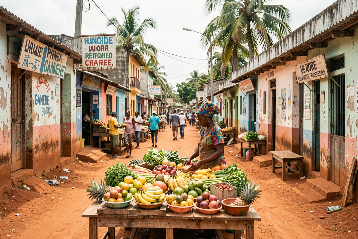 Marché local animé dans le village de Ganere Haïti avec vendeurs de fruits et légumes tropicaux