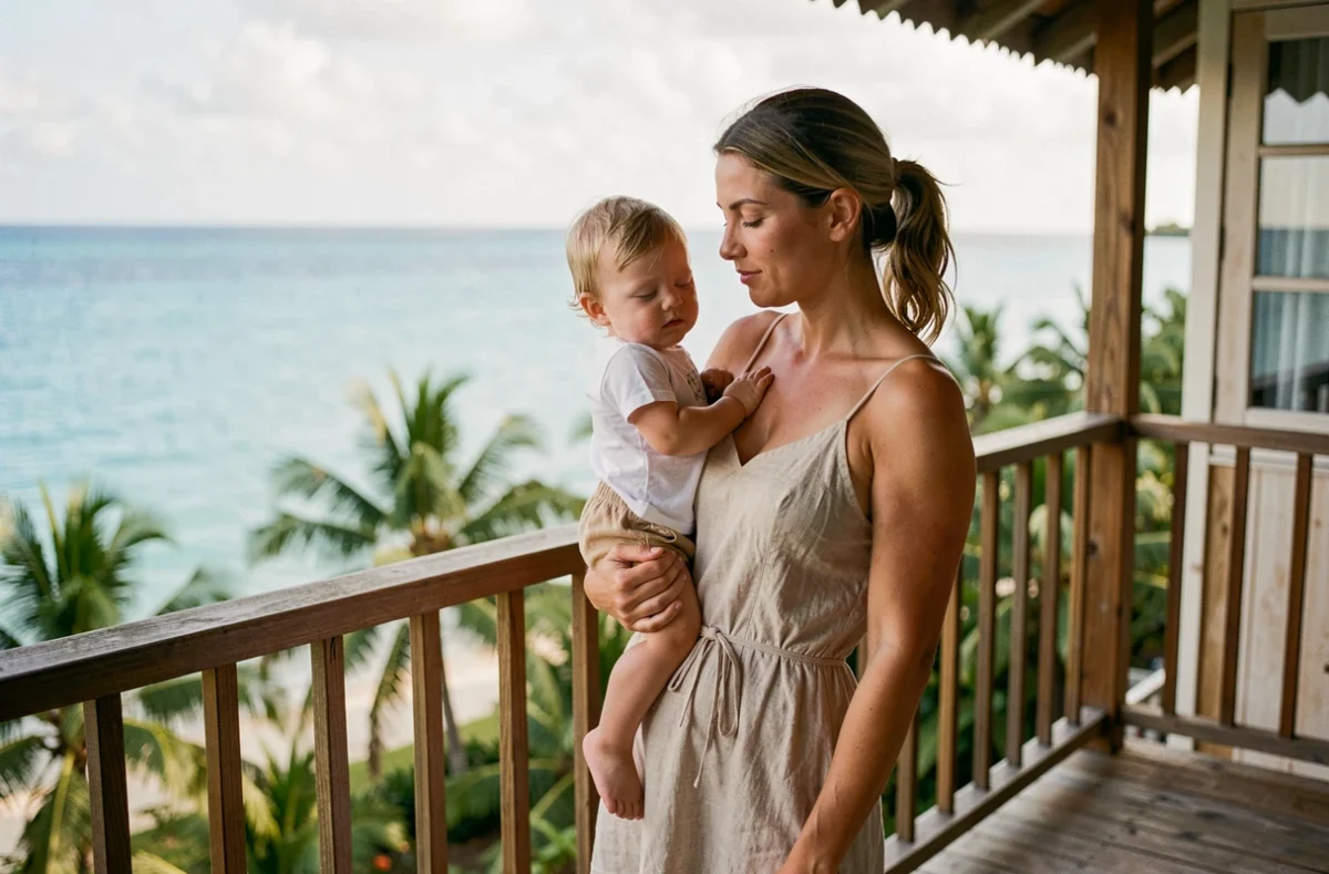 Mère portant son enfant sur le balcon d'une pension de famille face à la mer des Caraïbes en Guadeloupe