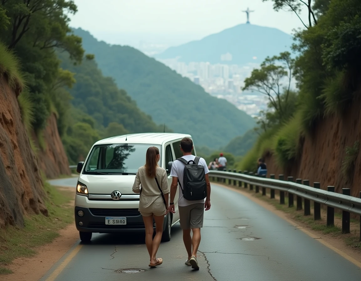 Touristes descendant d'un minivan sur la route du Corcovado avec vue sur le Christ Rédempteur