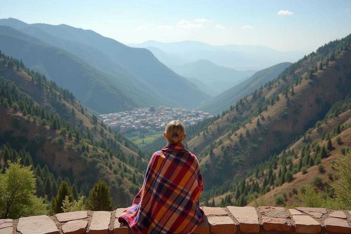 Femme berbère assise sur un muret contemplant les vallées terrasses et les villages blancs des montagnes du Rif au nord du Maroc