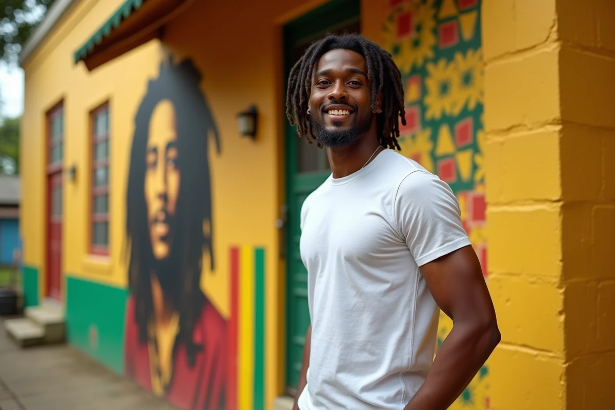 Jeune homme posant devant les fresques colorées du musée Bob Marley sur Hope Road à Kingston