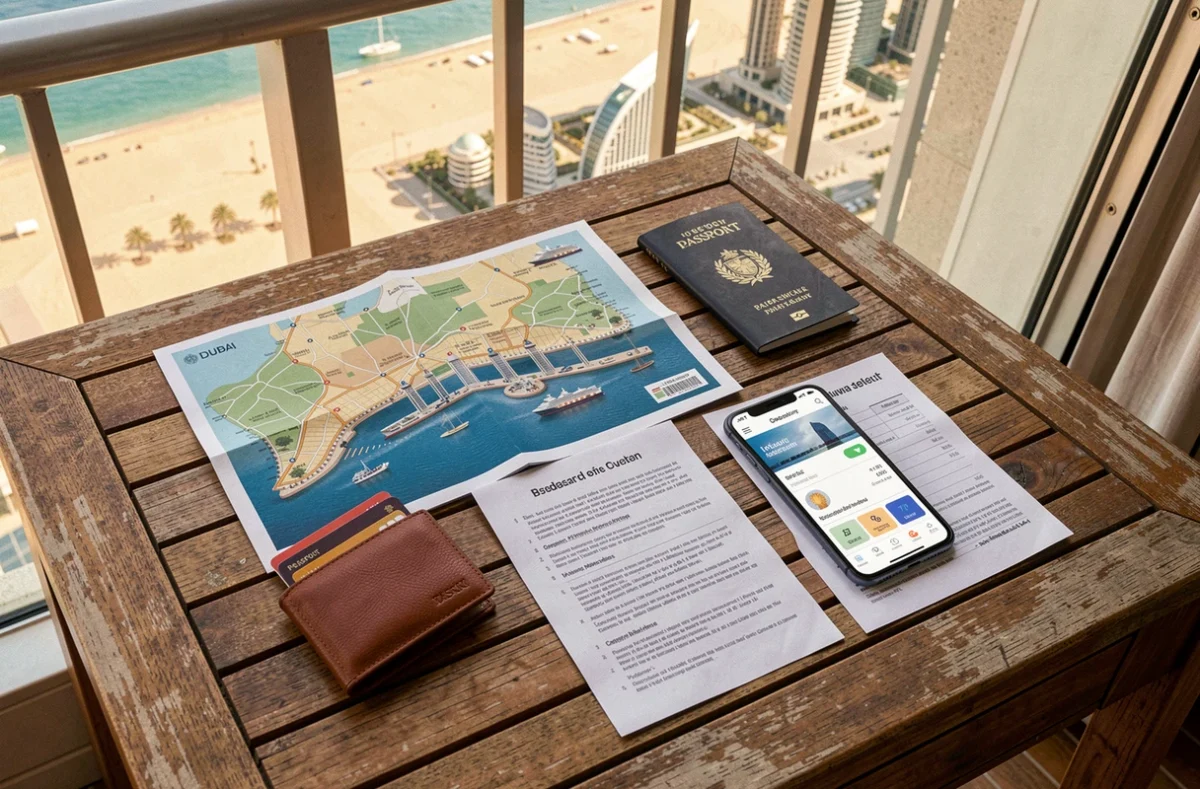 Vue rapprochée d'un bureau de voyage avec passeport, carte de croisière et budget sur un balcon face à Dubaï