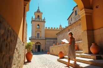 Façade extérieure du Palais des Normands à Palerme avec une femme consultant une carte dans la rue pavée