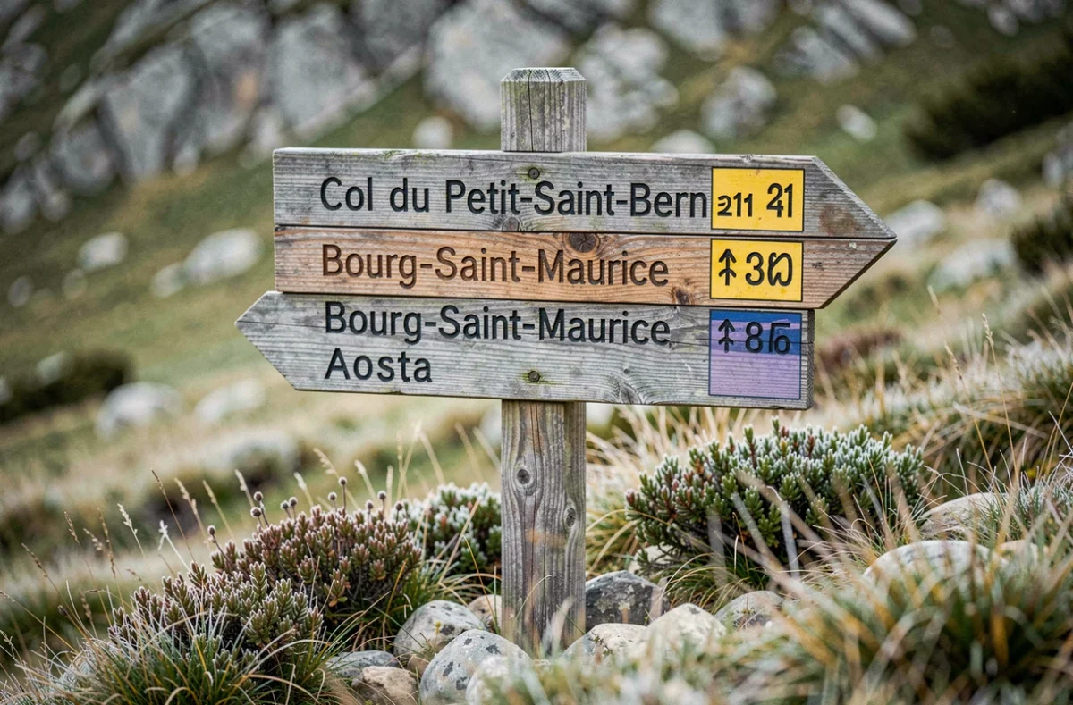 Panneau indicateur en bois au Col du Petit-Saint-Bernard indiquant les distances vers Bourg-Saint-Maurice et Aoste en automne
