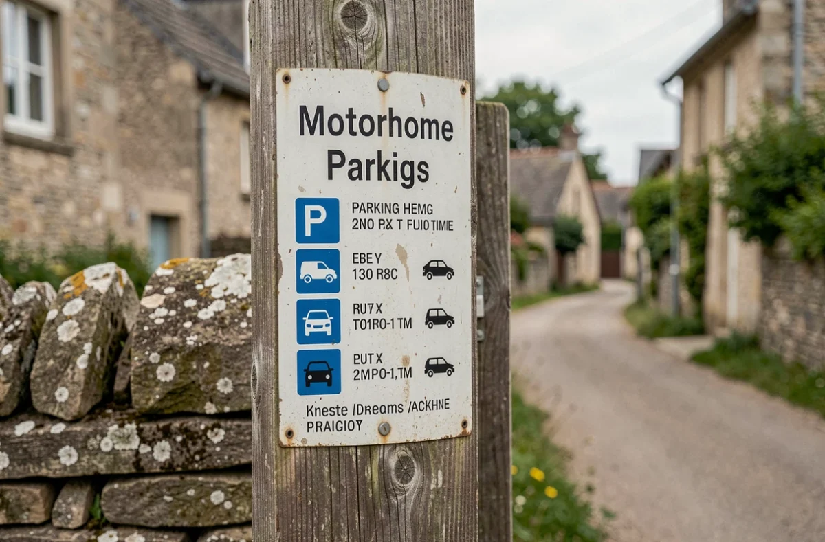 Panneau de signalisation indiquant les restrictions de stationnement pour camping-cars dans un village du Jura près du Hérisson