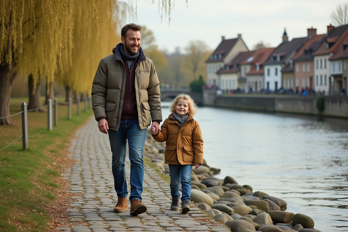 Père et fils marchant le long de la rivière Marne à Crécy-la-Chapelle