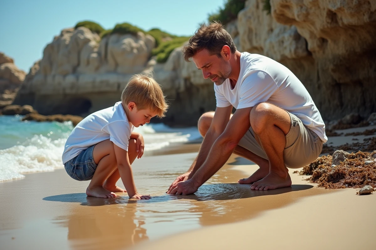 Père et fils explorant une mare tide à Plage des 3 Pointes