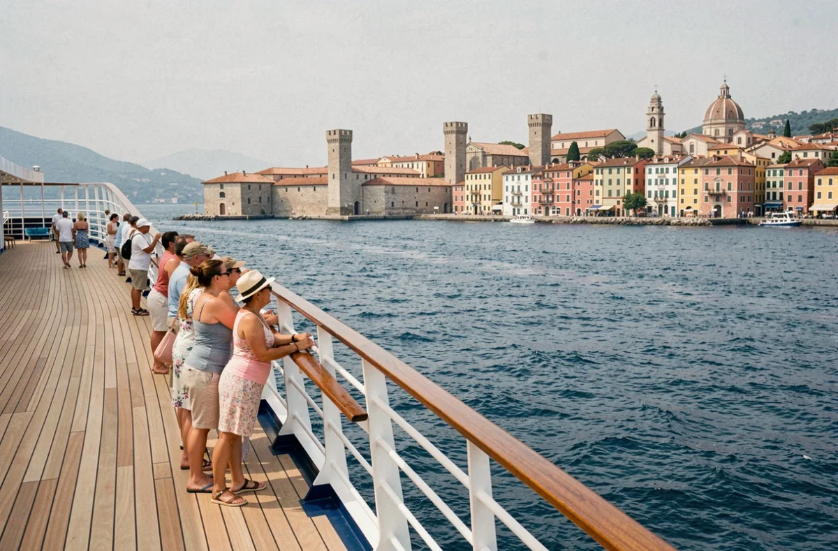 Passagers sur le pont d'un paquebot quittant un port historique italien en Méditerranée