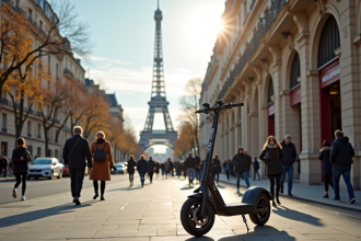 Rue animée de Paris avec scooter électrique et Tour Eiffel