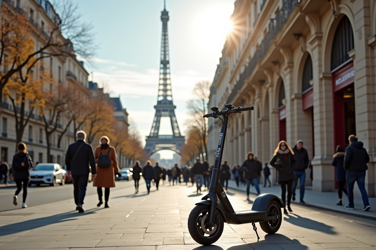 Rue animée de Paris avec scooter électrique et Tour Eiffel