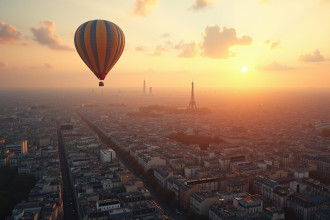 Vue de Paris au lever du soleil avec montgolfiere et monuments