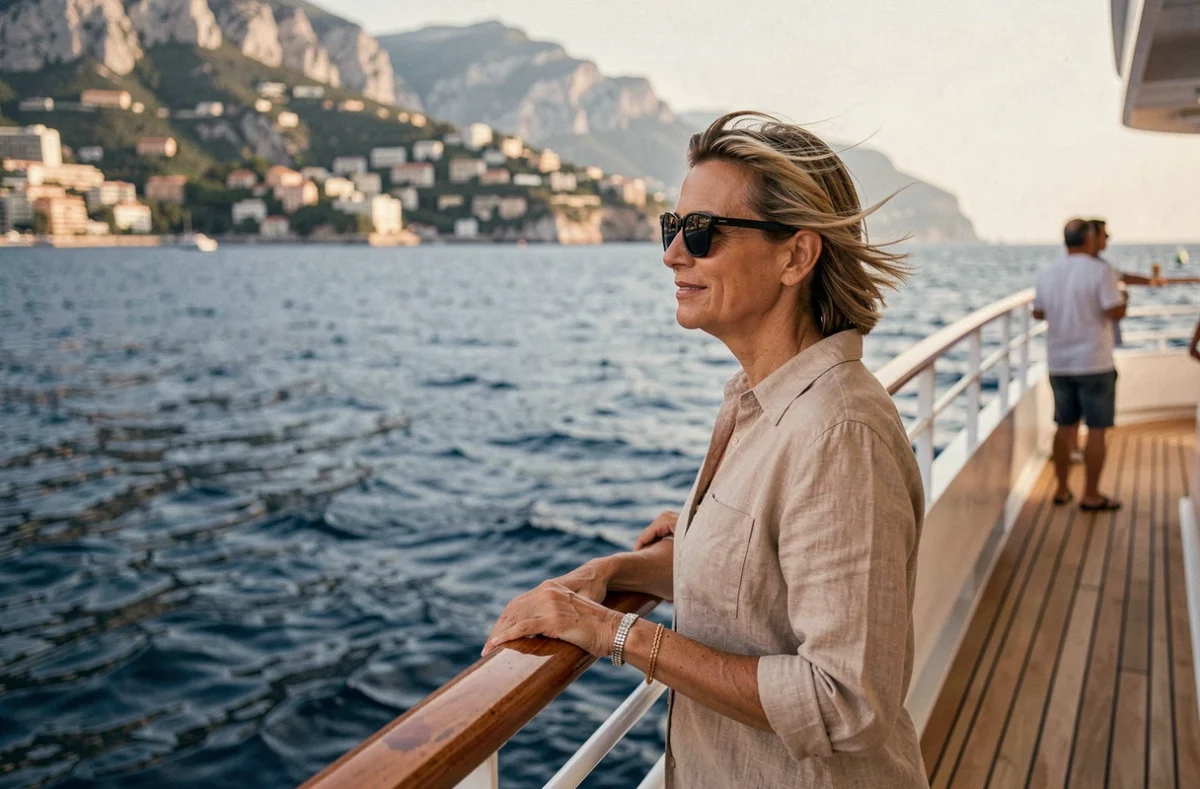 Femme profitant d'une mini croisière depuis Nice avec vue sur la côte méditerranéenne