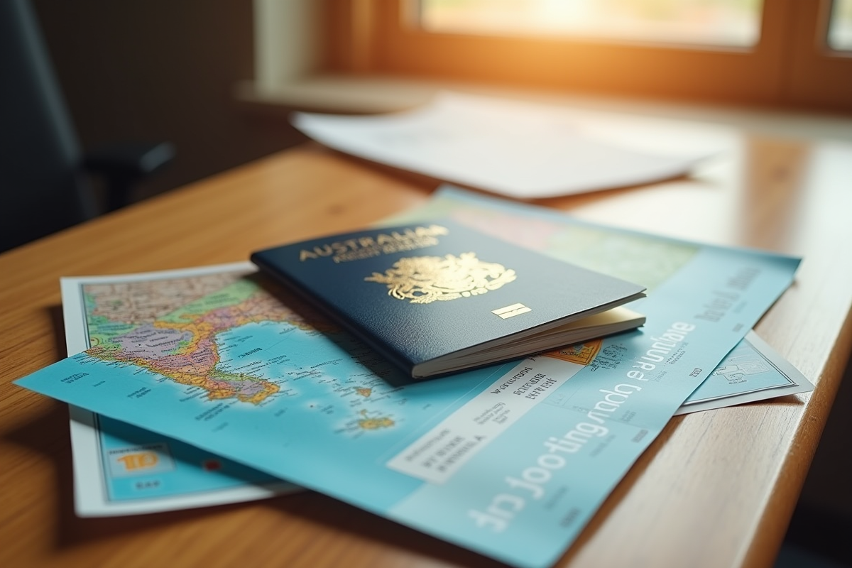 Passeport australien et documents de visa sur une table ensoleillée