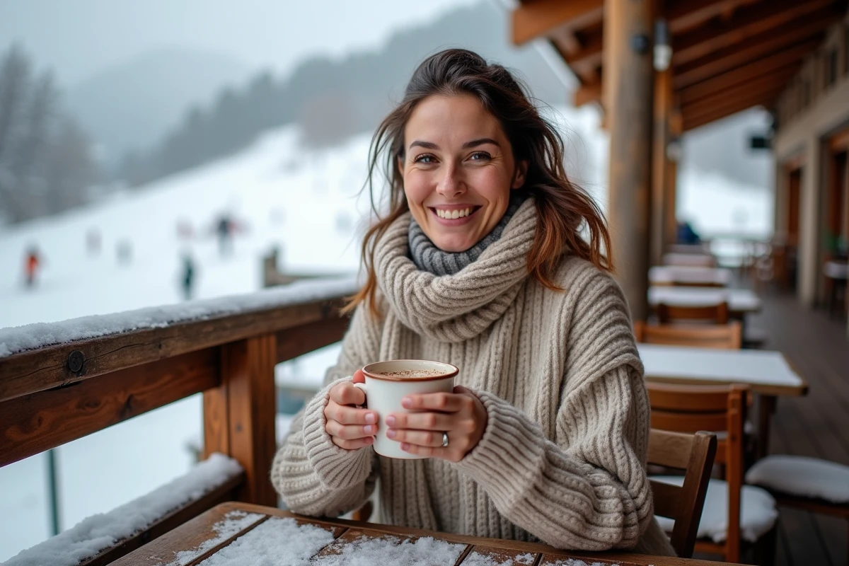Mère de famille en pause sur la terrasse d'un restaurant de montagne lors d'un séjour au ski près de Paris