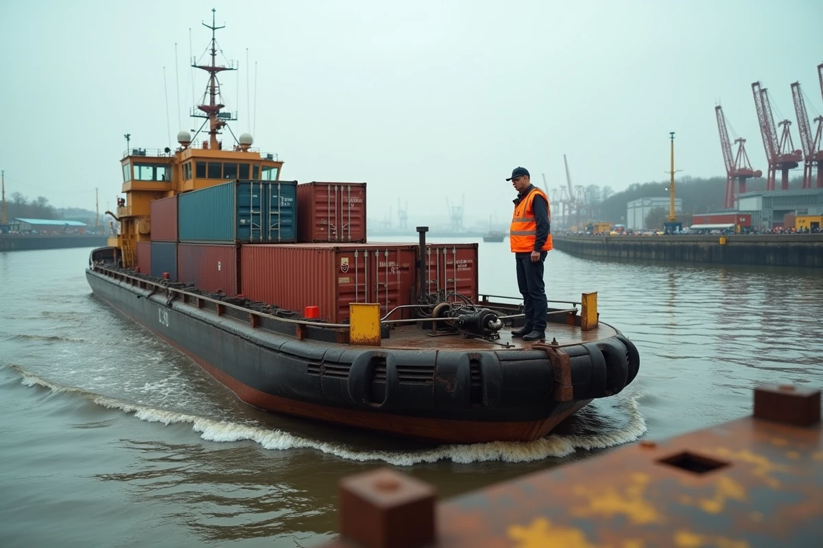 Péniche de fret chargée de conteneurs naviguant sur le Rhin dans une zone portuaire industrielle, illustrant le rôle économique majeur du fleuve comme axe commercial européen.