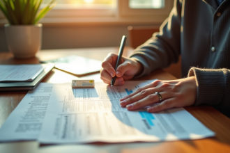 Personne triant des documents officiels sur un bureau ensoleille