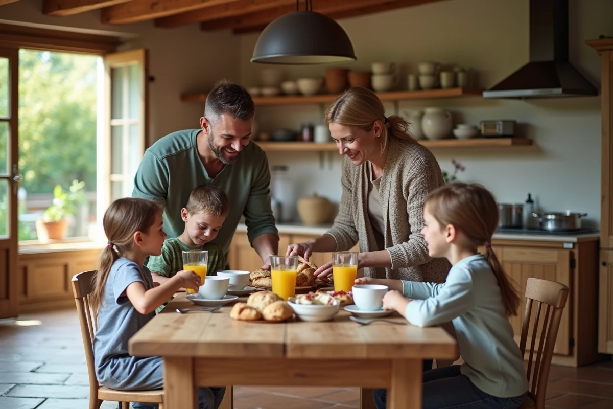 Famille prenant le petit déjeuner dans une cuisine rustique