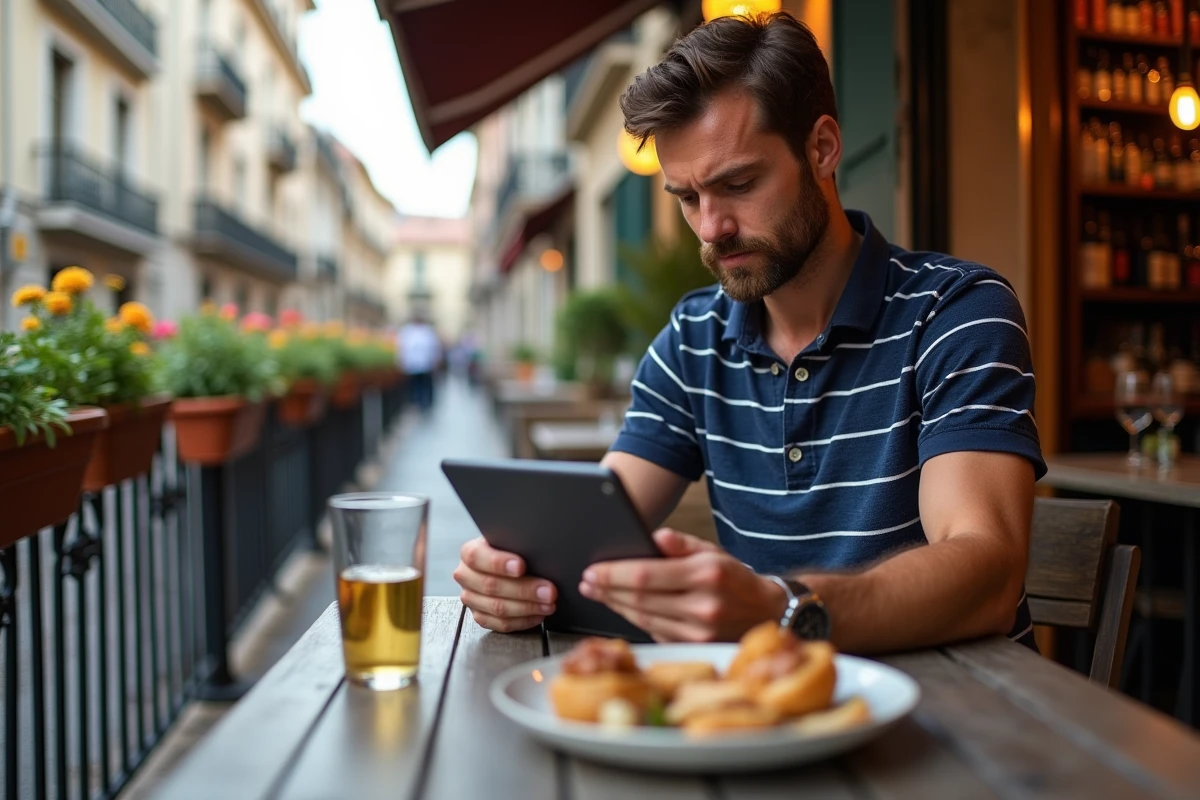 Homme consultant un site de voyage sur tablette dans un bar à pintxos de Saint-Sébastien avec verre de txakoli