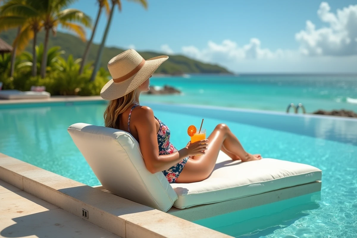 Femme se relaxant au bord d'une piscine à débordement dans un resort tout compris 5 étoiles en Guadeloupe