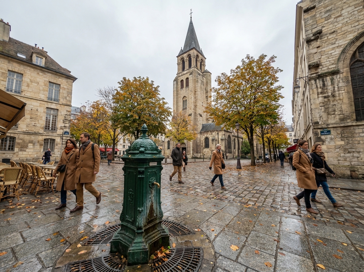 Vue grand angle de la place Saint-Germain-des-Prés en automne avec le clocher de l'abbaye et les marronniers dorés