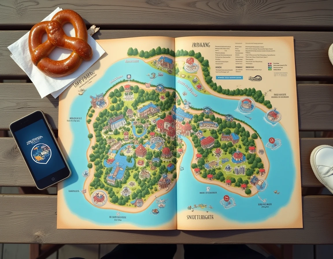 Vue aérienne du plan complet d'Eurodisney déplié sur une table avec le Disneyland Park et Walt Disney Studios