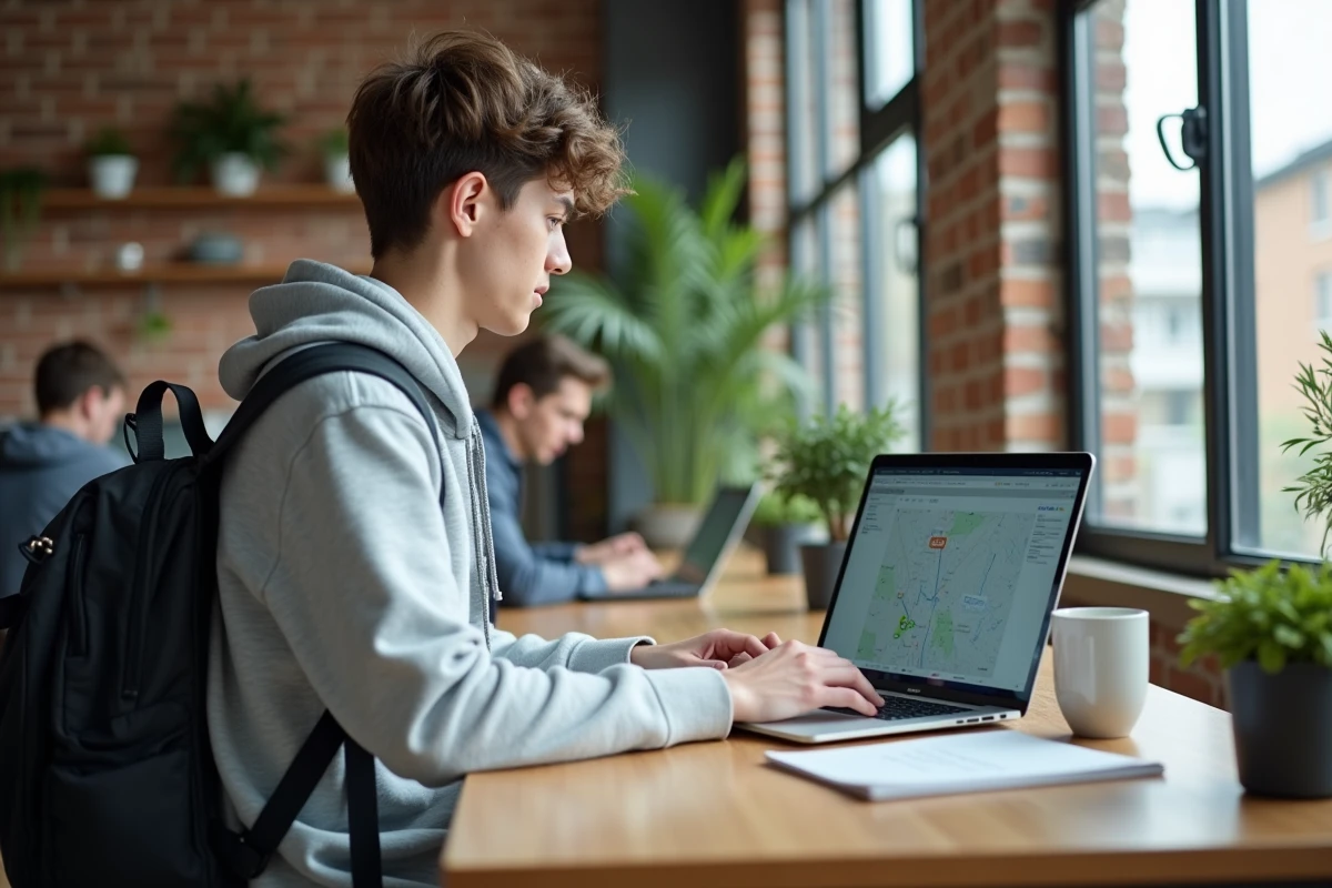 Jeune professionnel planifiant son itinéraire de travail sur ordinateur portable dans un bureau moderne et lumineux