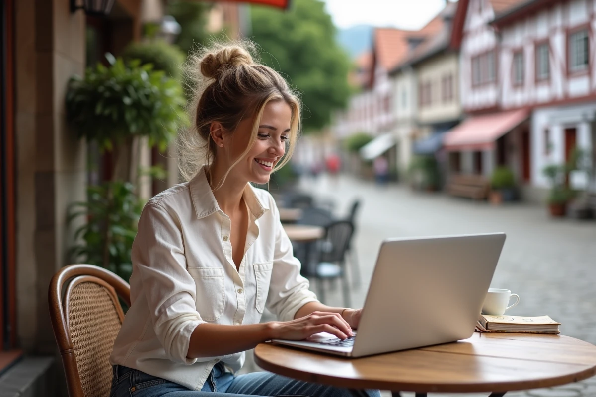 Femme planifiant un week-end au Pays Basque sur son ordinateur portable dans un café de village traditionnel