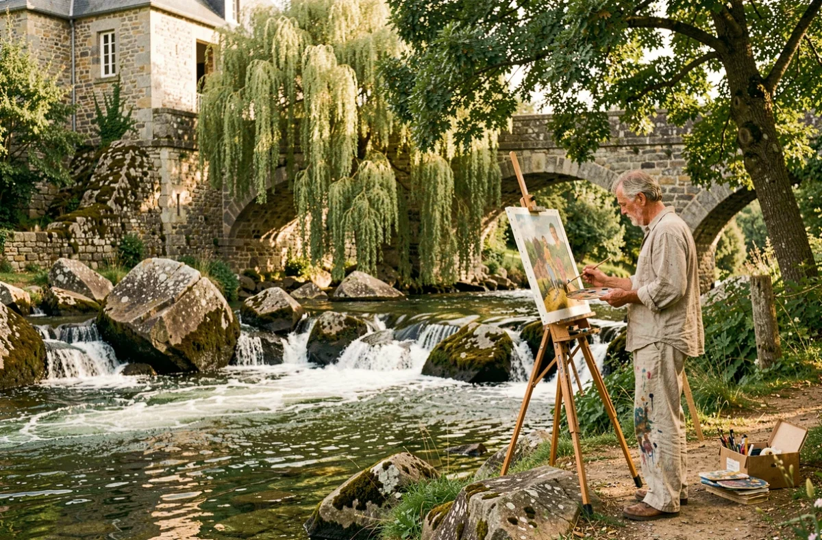 Peintre travaillant en plein air sur les bords de l'Aven à Pont-Aven, dans le site qui inspira Gauguin et l'École de Pont-Aven, Finistère