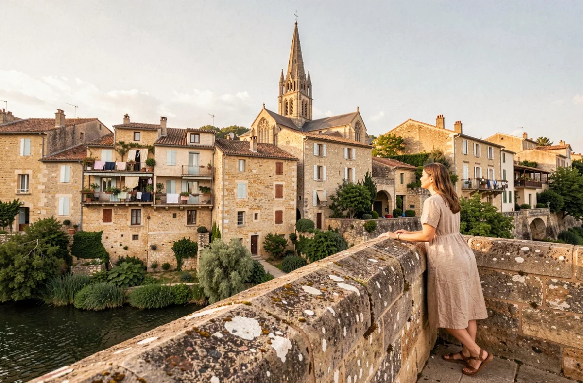 Le clocher gothique à degrés de la collégiale Notre-Dame de Roscudon à Pont-Croix, petite cité de caractère du Finistère, vue depuis le pont sur le Goyen