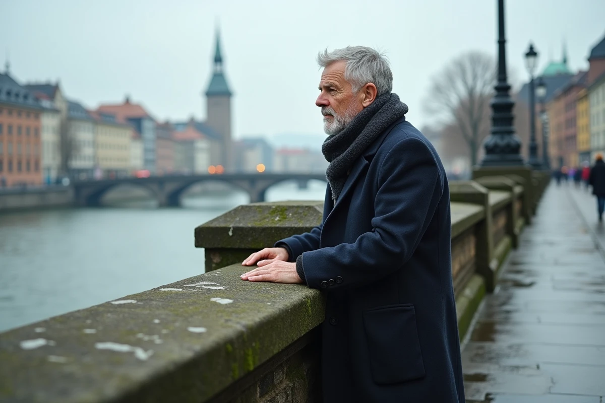 Homme en manteau de laine s'arrêtant sur un vieux pont de pierre enjambant le Rhin dans une ville européenne, contemplant le fleuve avec des bâtiments historiques et modernes en arrière-plan.