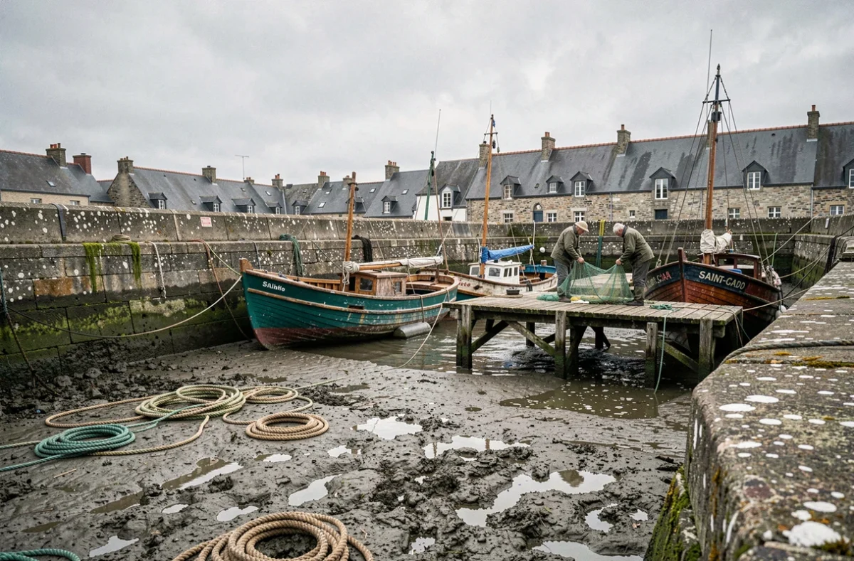 Port de pêche traditionnel de Saint-Cado en Bretagne avec bateaux échoués à marée basse et façades en granit du village