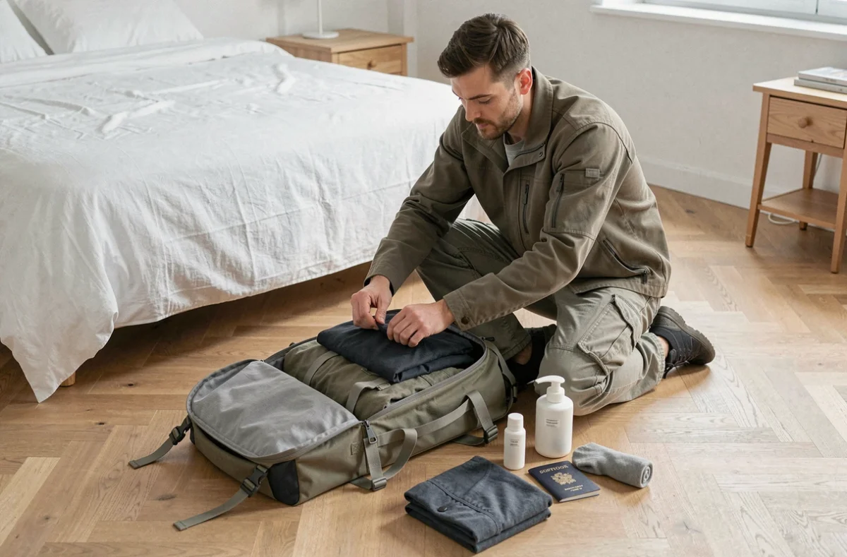 Homme organisant le contenu de son sac à dos de voyage dans une chambre épurée