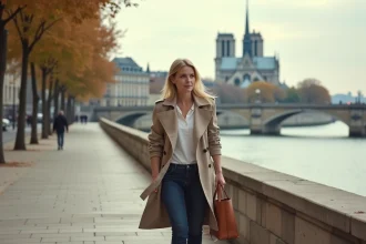 Femme se promenant le long de la Seine sur la rive droite à Paris en automne, avec Notre-Dame en arrière-plan