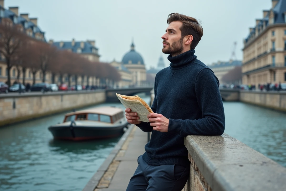 Homme consultant une carte en bord de Seine sur la rive gauche face au Musée d'Orsay à Paris
