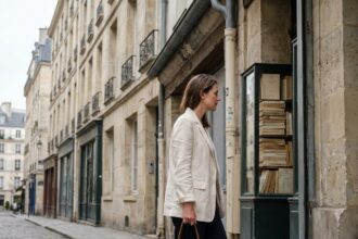 Femme se promenant tranquillement dans une rue pavée de Saint-Germain-des-Prés devant une librairie ancienne à Paris
