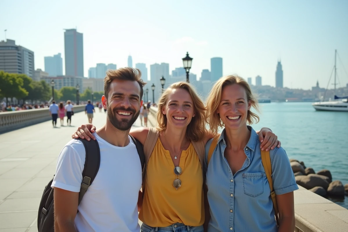 Groupe d'amis touristes en train de prendre un selfie sur une promenade au bord de l'eau d'une grande ville touristique