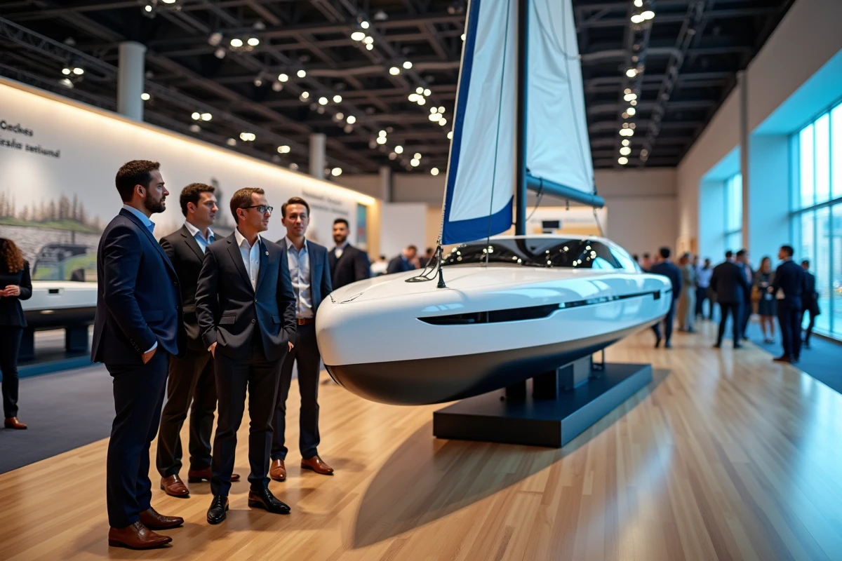 Groupe de personnes examinant un voilier écologique à Paris 2026
