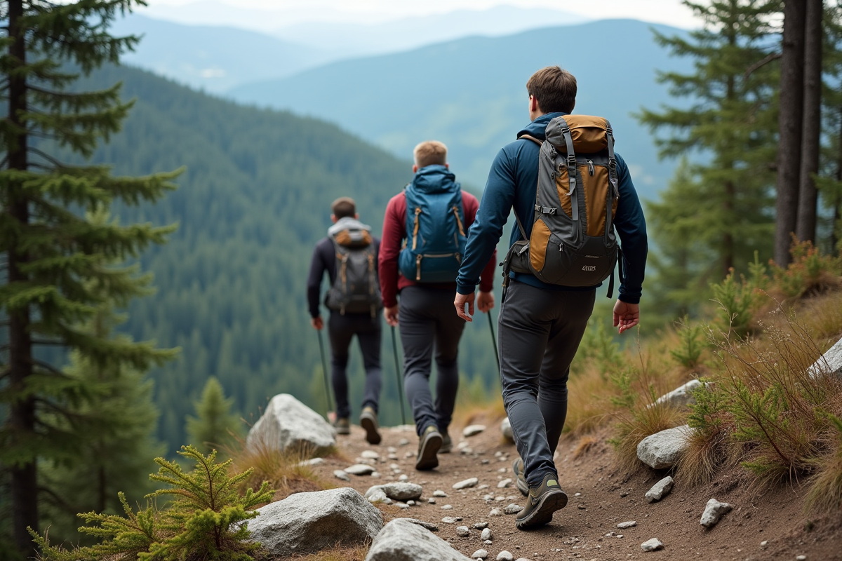 Groupe de randonneurs en forêt sur un sentier rocheux