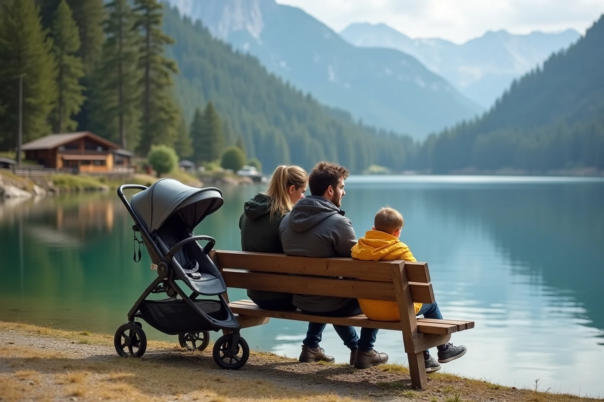 Famille en pause au bord du lac Oeschinensee avec une poussette tout-terrain et un enfant en bas âge sur un banc en bois face au panorama alpin