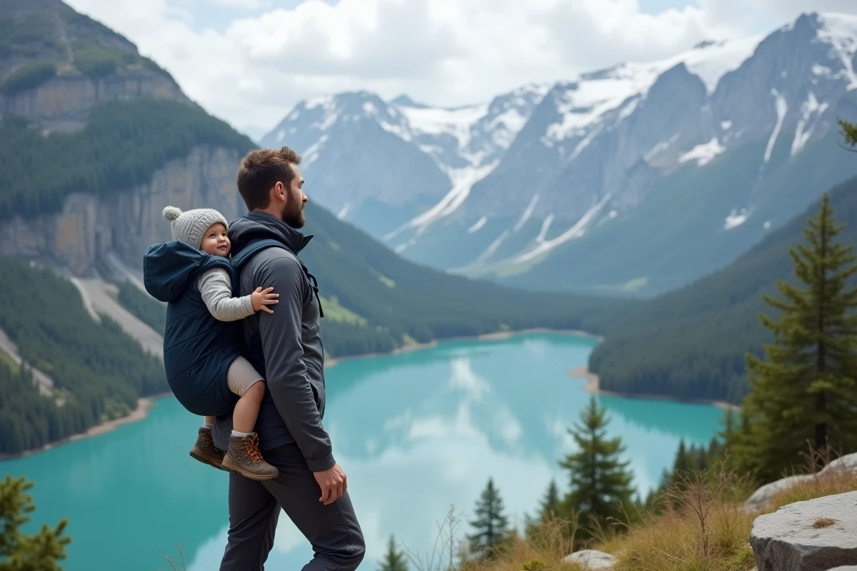 Papa portant son bébé en porte-bébé dorsal sur un point de vue panoramique de l'Oeschinensee avec les sommets enneigés des Alpes bernoises