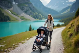 Mère poussant une poussette tout-terrain sur le sentier de randonnée vers l'Oeschinensee avec vue sur le lac turquoise et les falaises alpines