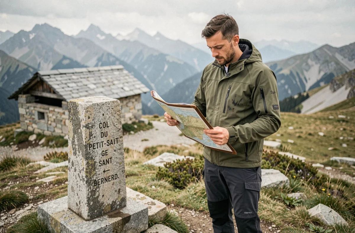 Randonneur consultant une carte topographique au sommet du Col du Petit-Saint-Bernard avec abri en pierre et panorama alpin