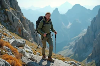 Randonneur masculin progressant sur une crête granitique escarpée du GR20 en Corse, avec des pics montagneux dramatiques en arrière-plan
