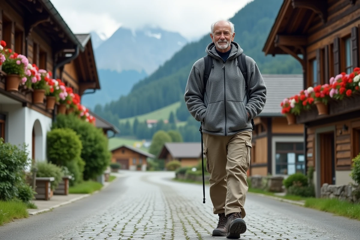 Homme en randonnée dans un village bavarois avec maisons traditionnelles