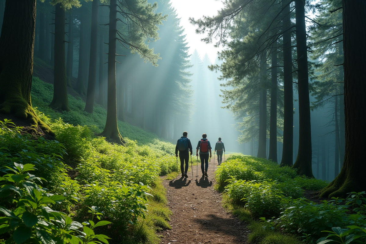 Groupe de randonneurs dans la forêt des Alpes japonaises