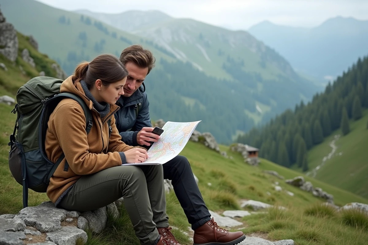 Couple de randonneurs planifiant leur itinéraire en montagne basque avec carte et application mobile au col pyrénéen