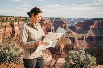 Randonneuse consultant une carte routière au bord d'un canyon aux États-Unis, paysage de grès rouge en arrière-plan
