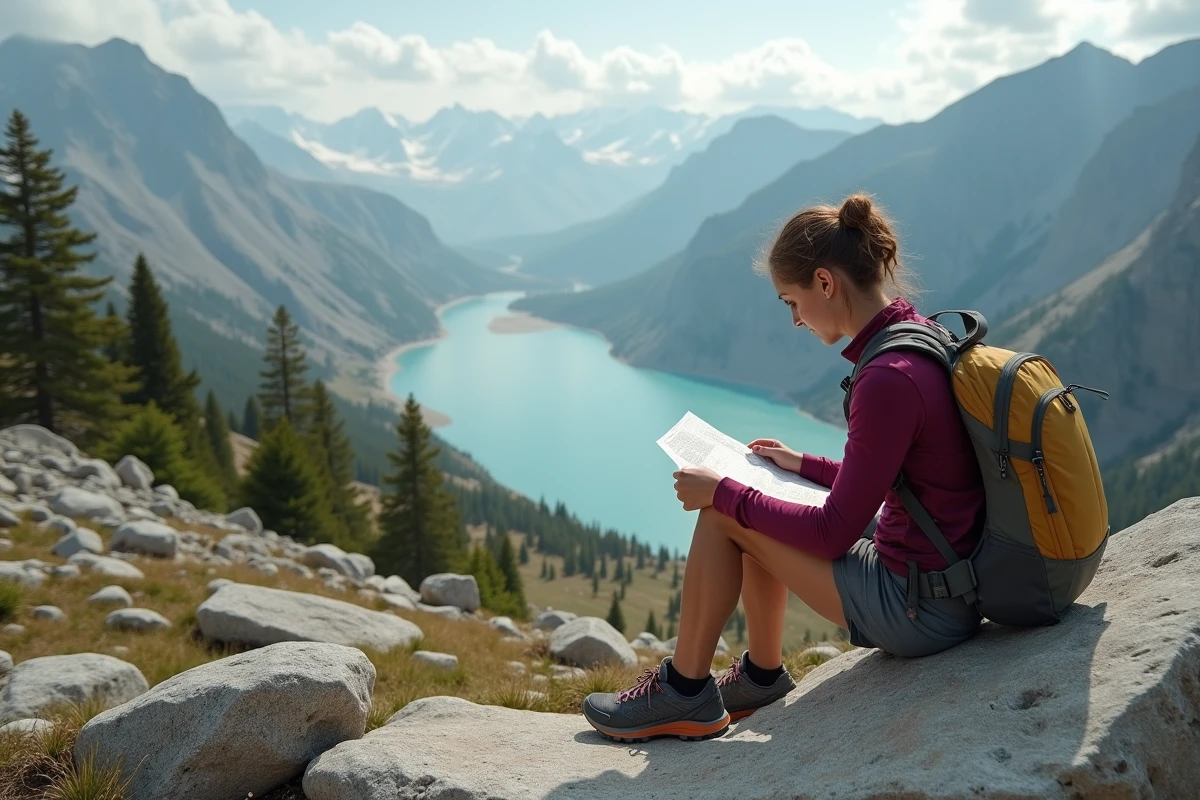 Randonneuse étudiant une carte topographique sur le GR20 près d'un lac d'altitude en Corse, avec un paysage de montagne sauvage en fond